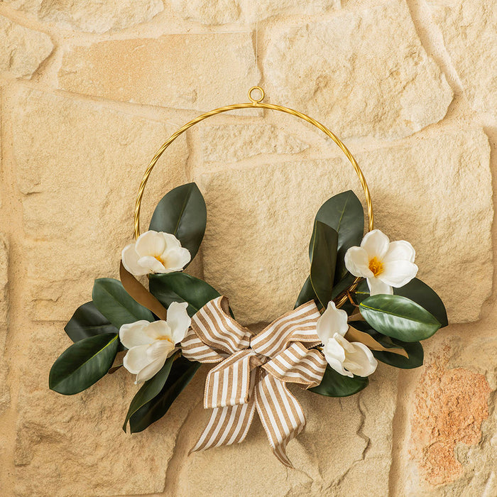 Half Wreath with Magnolia Leaves, White Flowers & Ribbon 52cm