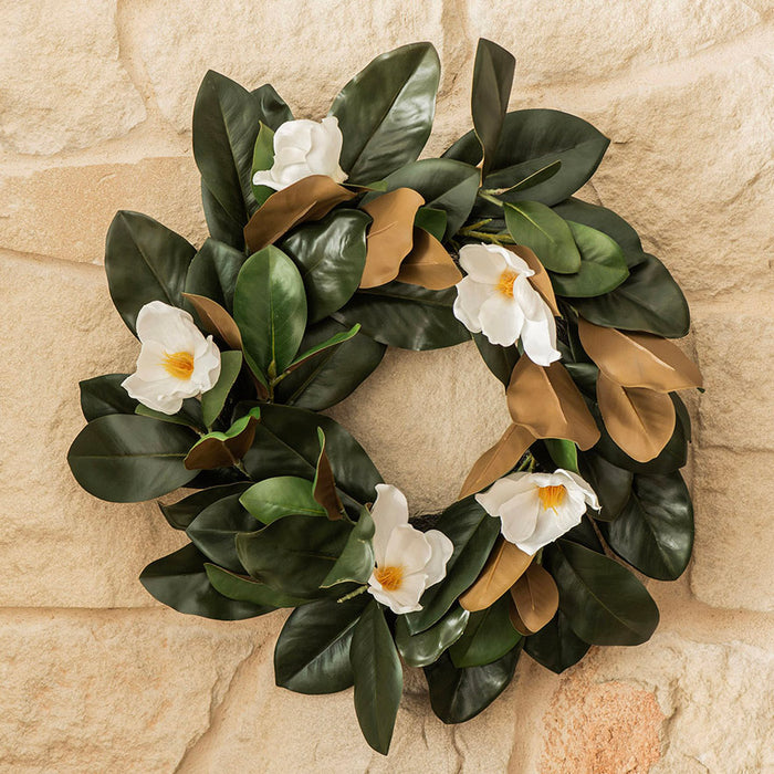 Wreath with Magnolia Leaves & White Flowers 60cm