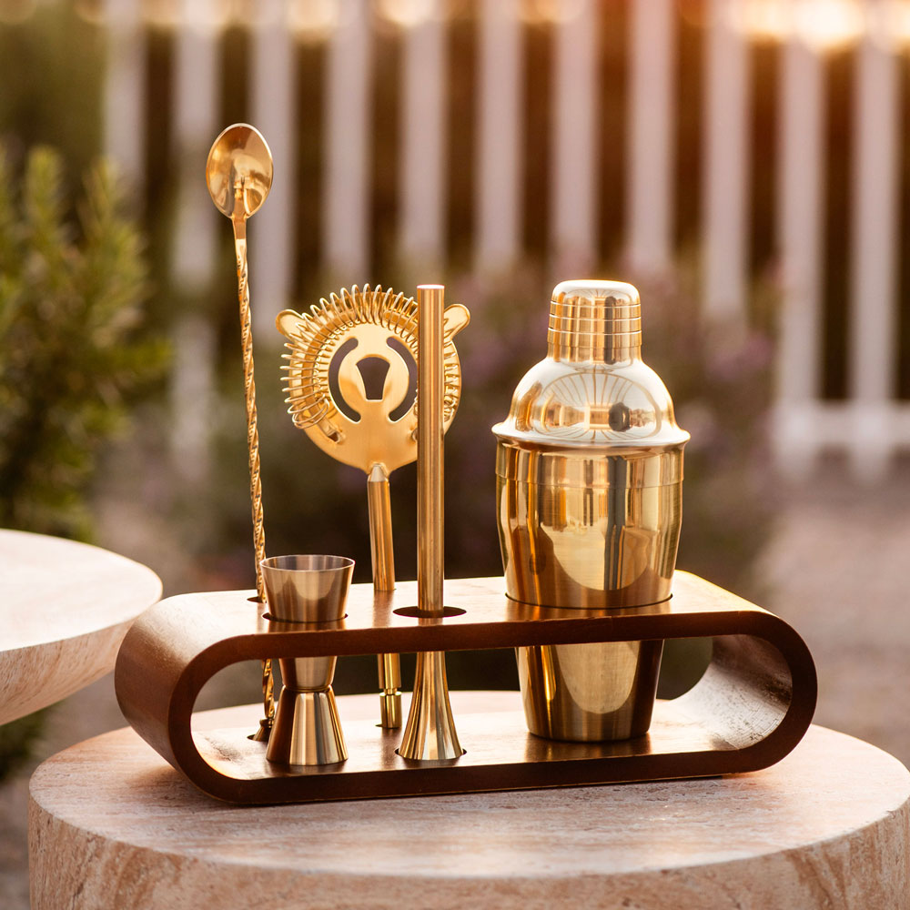 Stainless Steel & Gold Bar Tool Set with Rubberwood Base