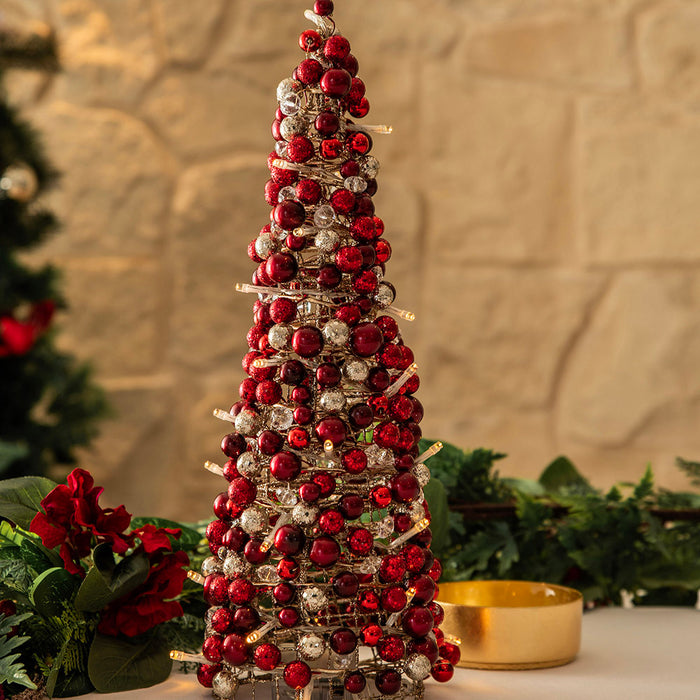 Christmas Cone Red/Champagne Balls with LED 40cm