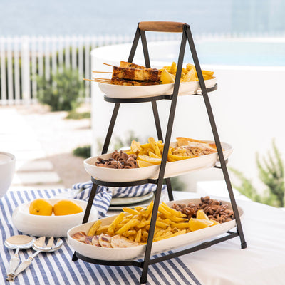 Black 3 Tier Serving Stand with White Platters