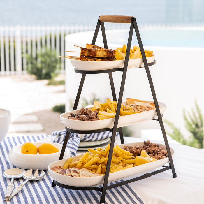 Black 3 Tier Serving Stand with White Platters
