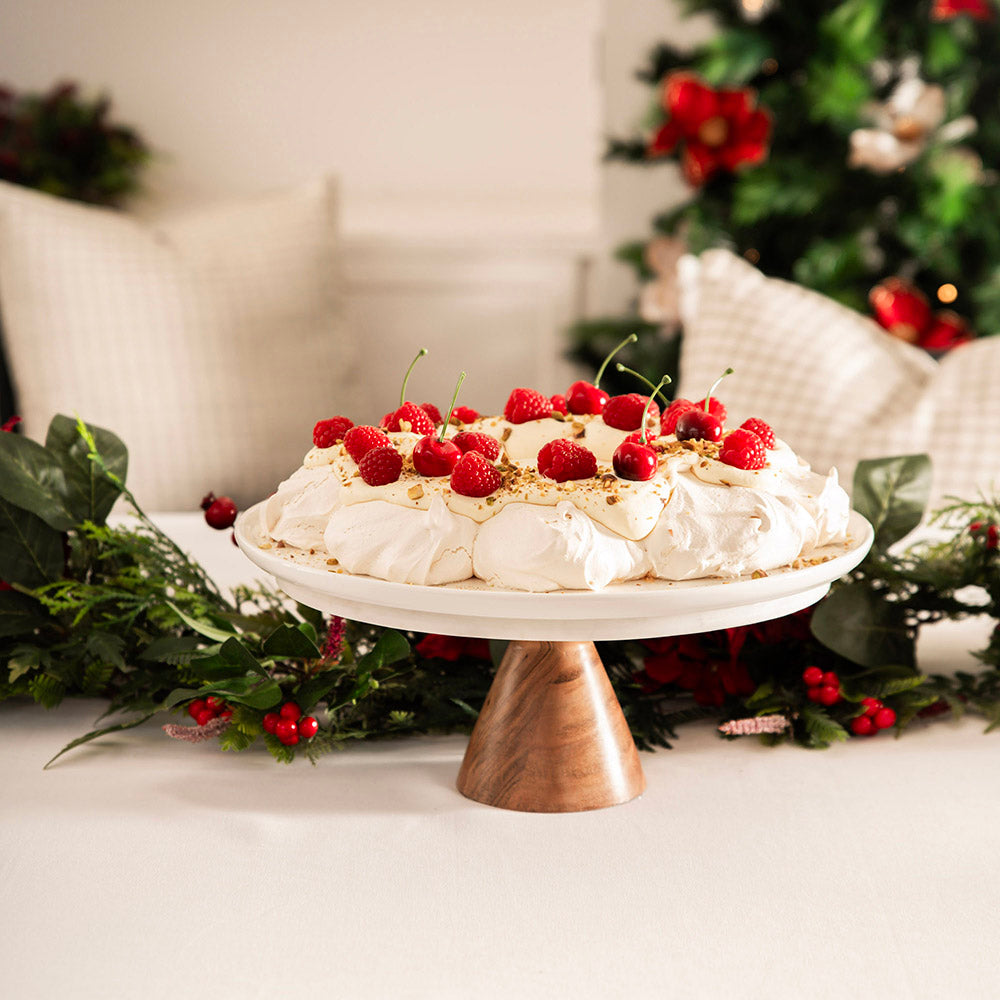 White Marble with Footed Wood Base Cake Stand 31x8cm