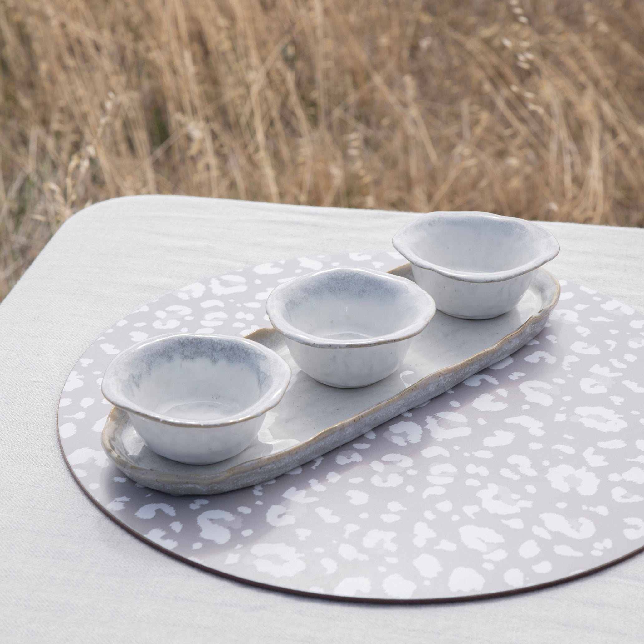 Monaco White Stoneware Dip Bowls with Tray Set