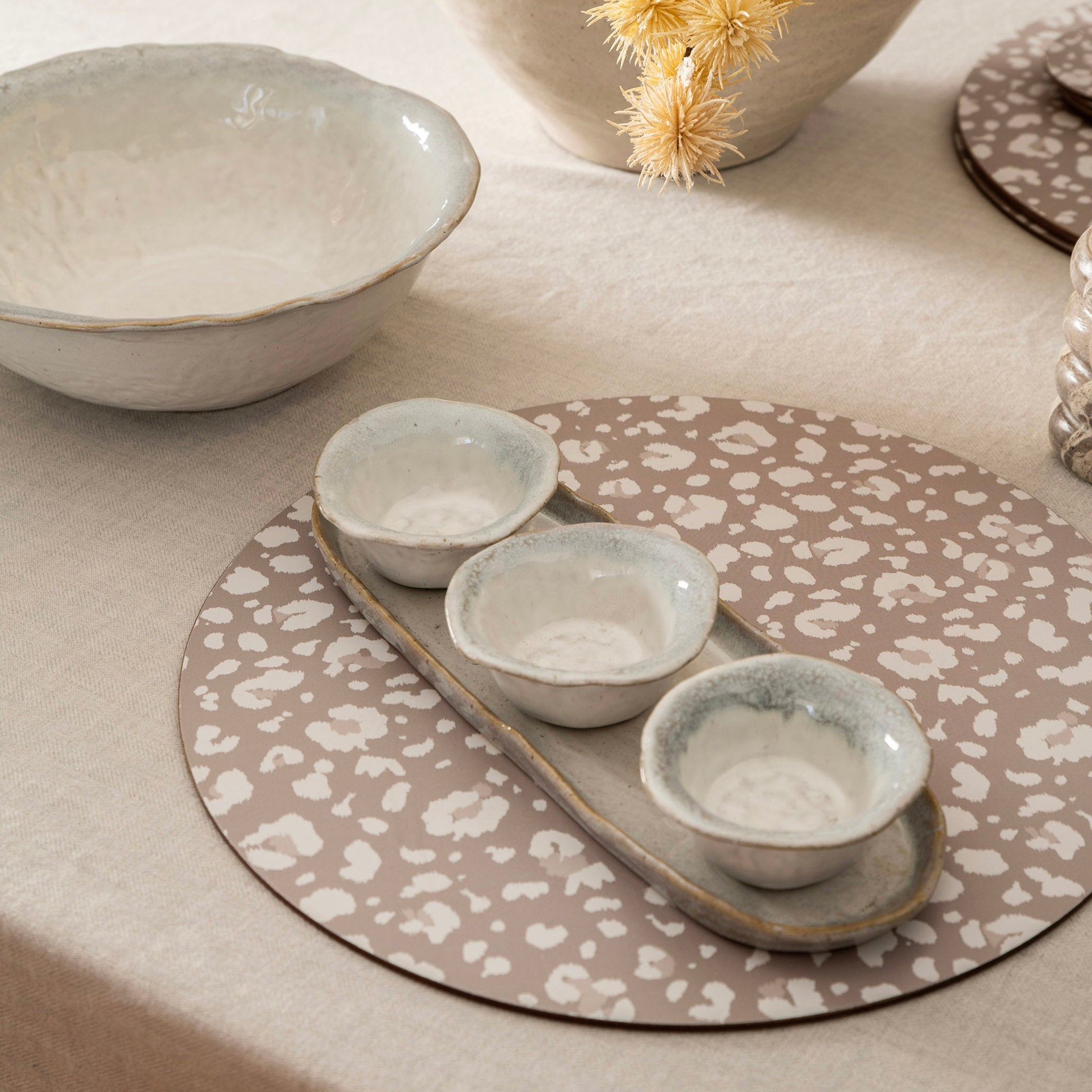 Monaco White Stoneware Dip Bowls with Tray Set