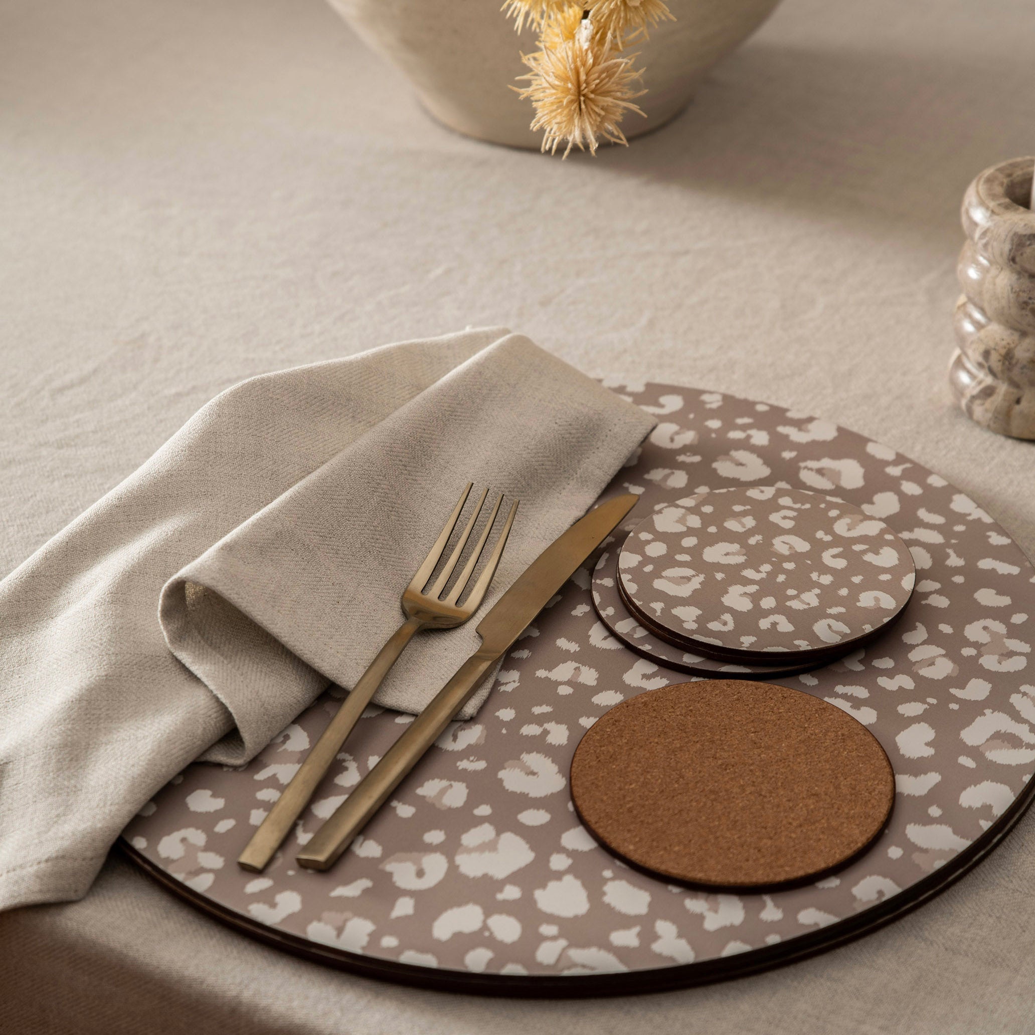Animal Neutral Round 11cm Set/4  Cork Backed Coaster