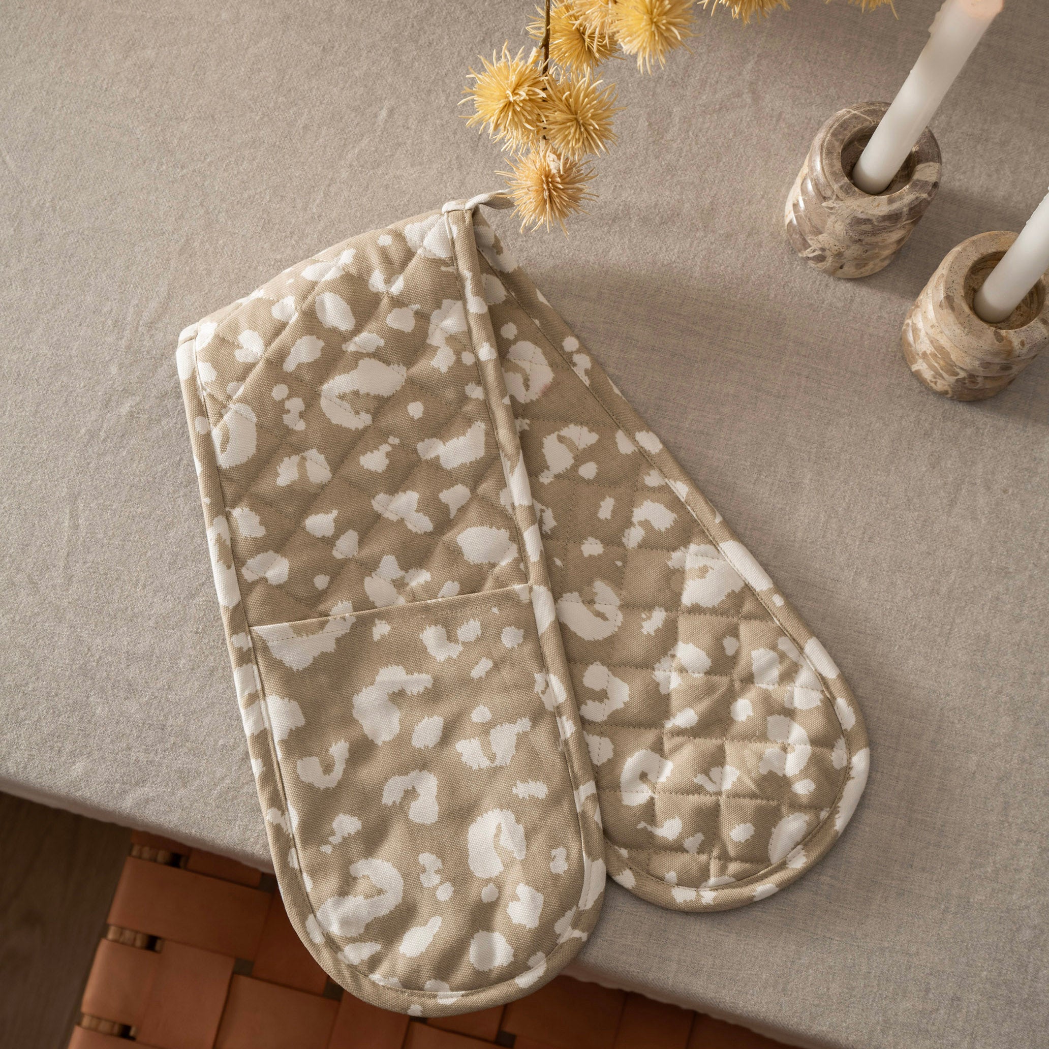 Beige & White Leopard Print 18x90cm Double Oven Mitt