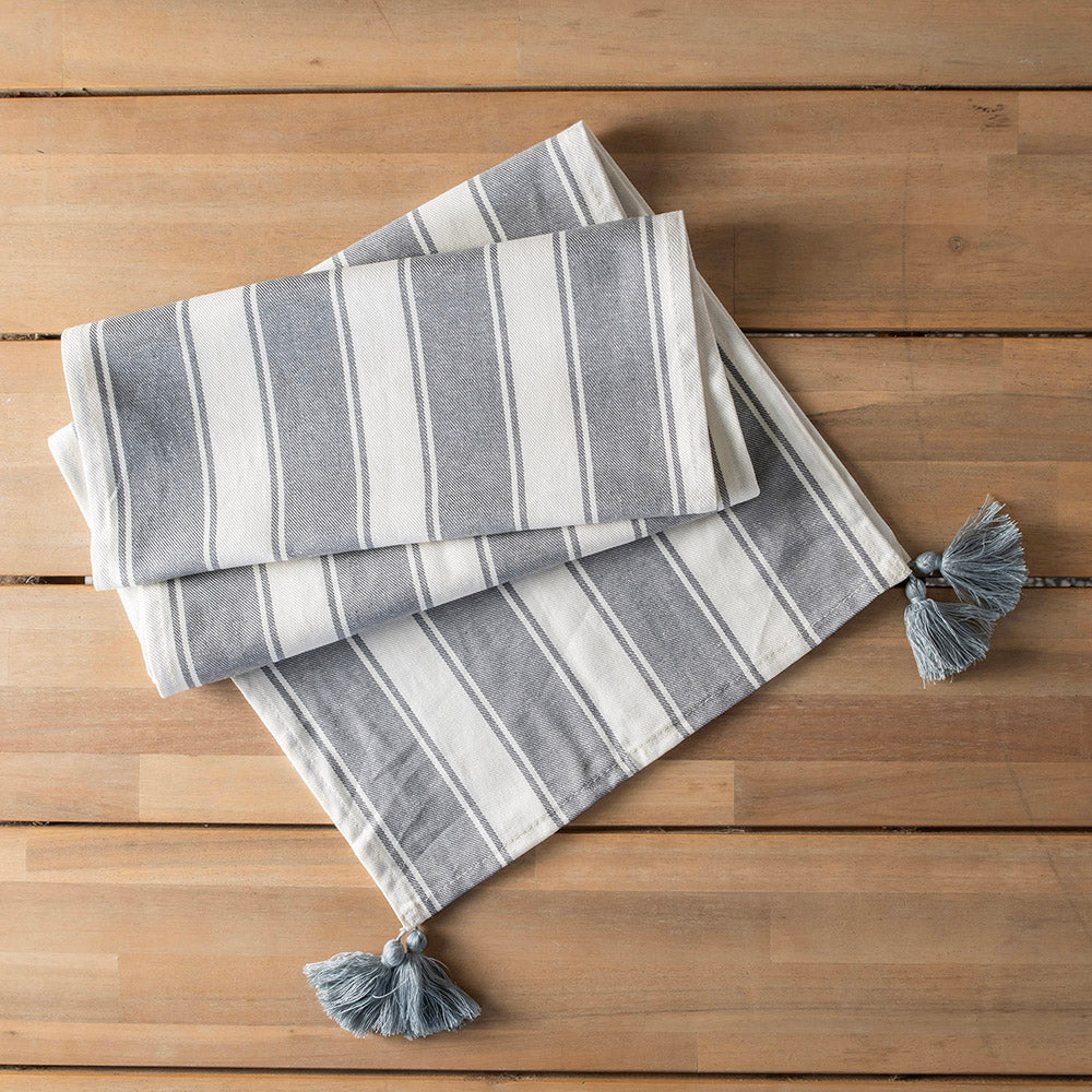 Grey Striped with Tassels 35x180cm Linen & Viscose Runner