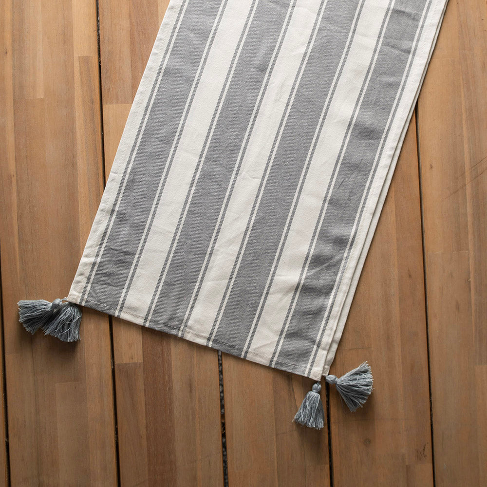 Grey Striped with Tassels 35x180cm Linen & Viscose Runner