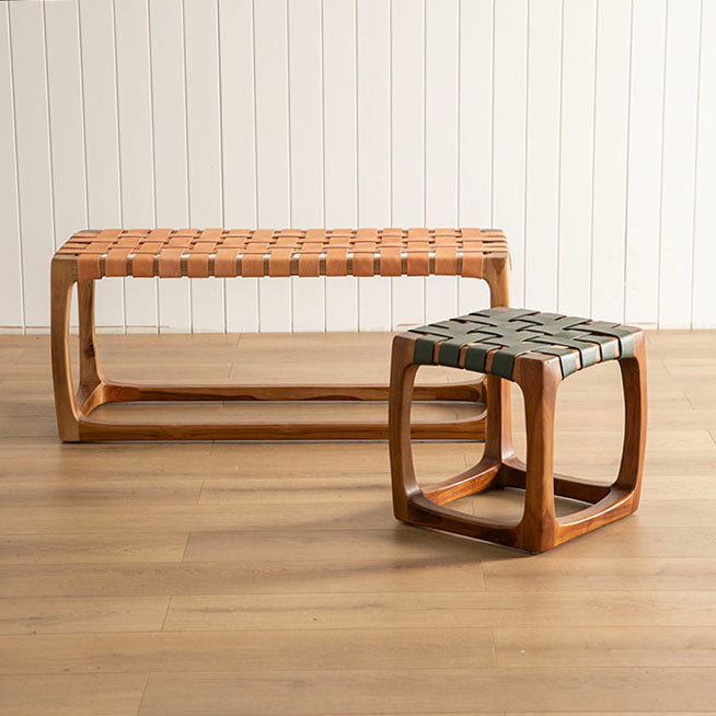 Green Leather Weave 40cm Natural Teakwood Stool