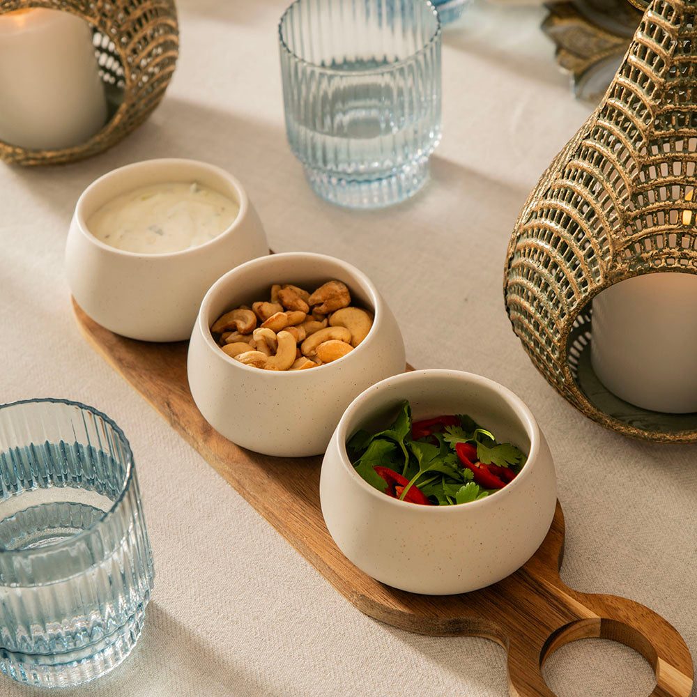 Acacia Wood Tray with 3 Stone Bowls Tapas Set