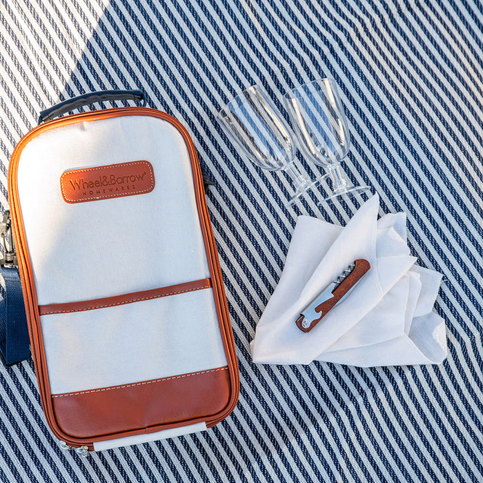 Cream/Tan & Navy Shoulder Strap 35cm Wine Bag