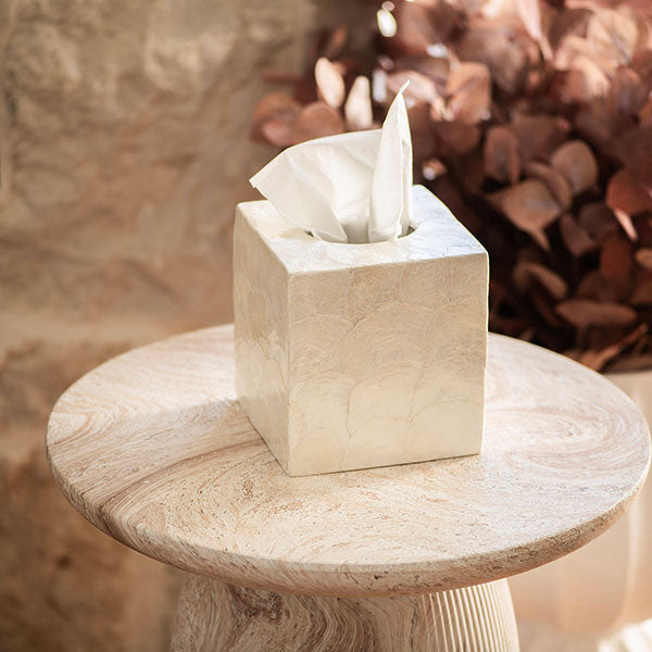 White Capiz Square Tissue Box Cover 14x15cm
