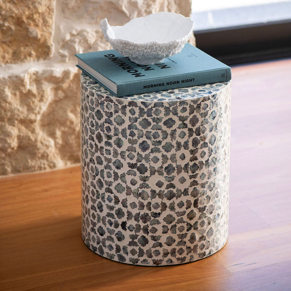 Blue & White Floral Mosaic 35x40cm Capiz Side Table