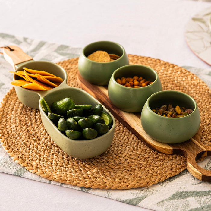 Acacia Wood Tray with 3 Green Bowls Tapas Set
