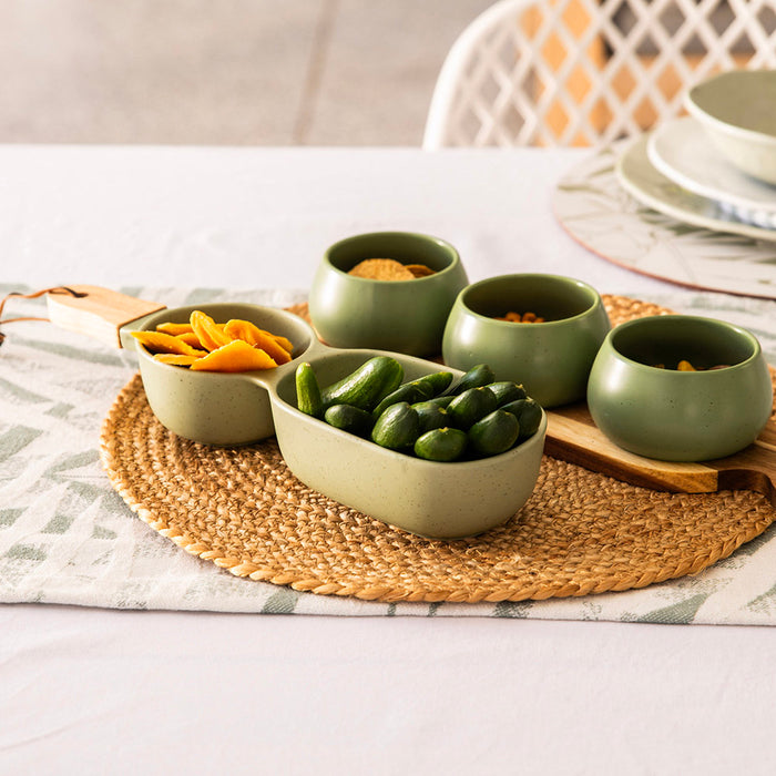 Acacia Wood Tray with 3 Green Bowls Tapas Set
