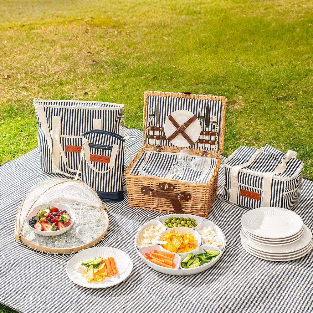 Natural Wicker with Navy & Cream Stripes 2 Person Picnic Basket