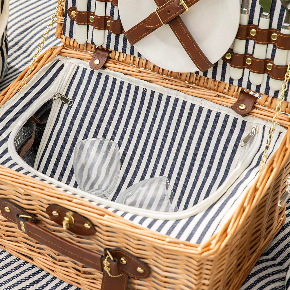 Natural Wicker with Navy & Cream Stripes 2 Person Picnic Basket