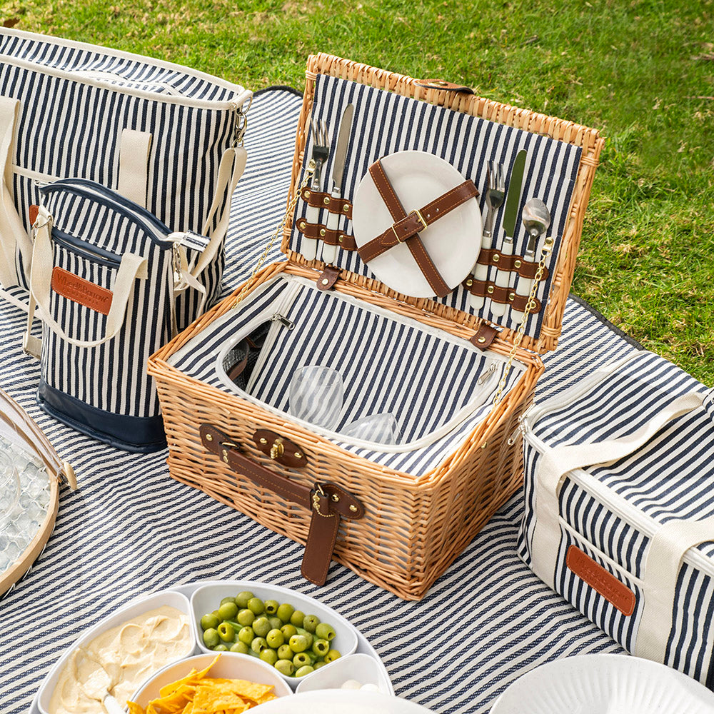 Natural Wicker with Navy & Cream Stripes 2 Person Picnic Basket