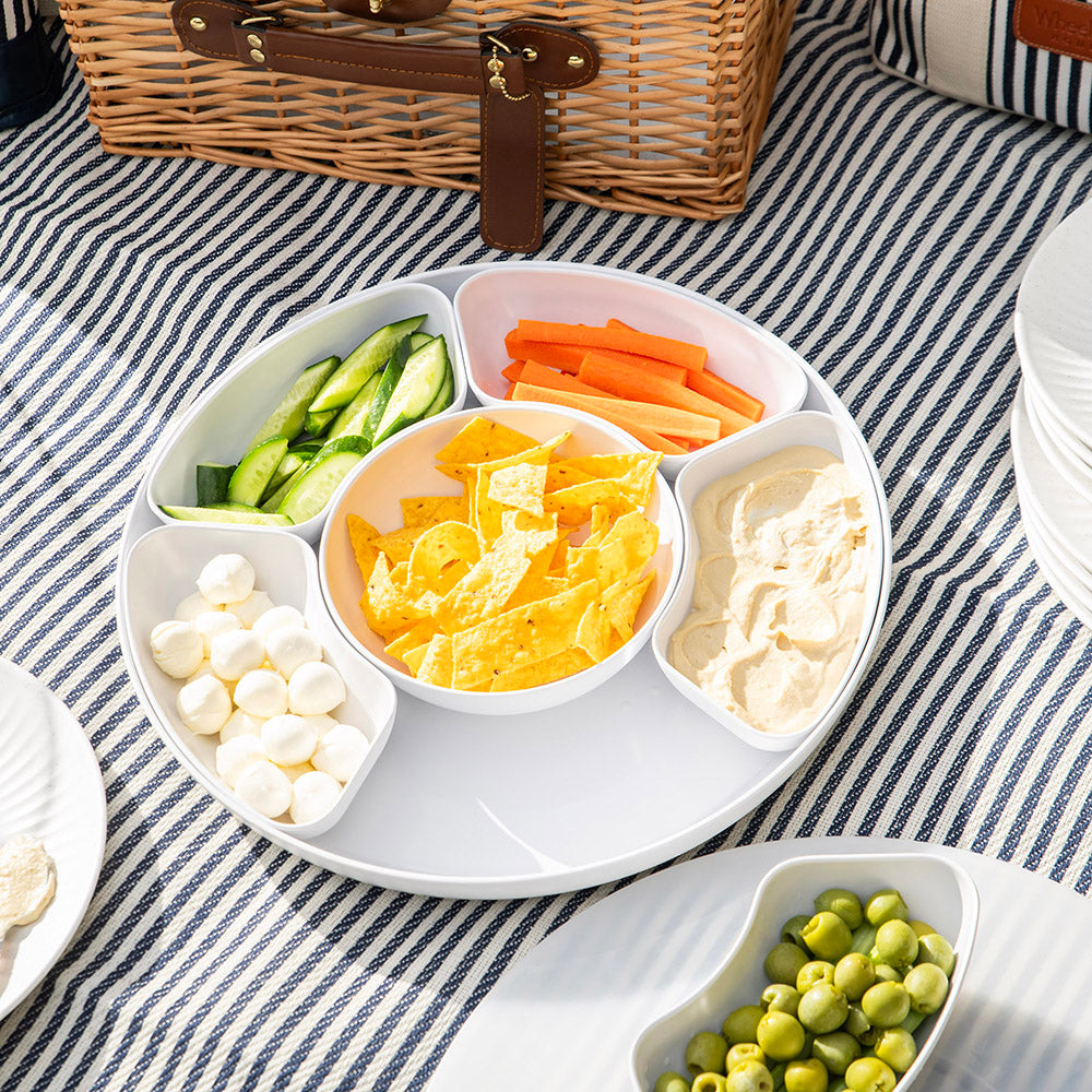 White 39cm Melamine Lazy Susan with Chip & Dip Bowls & Lid