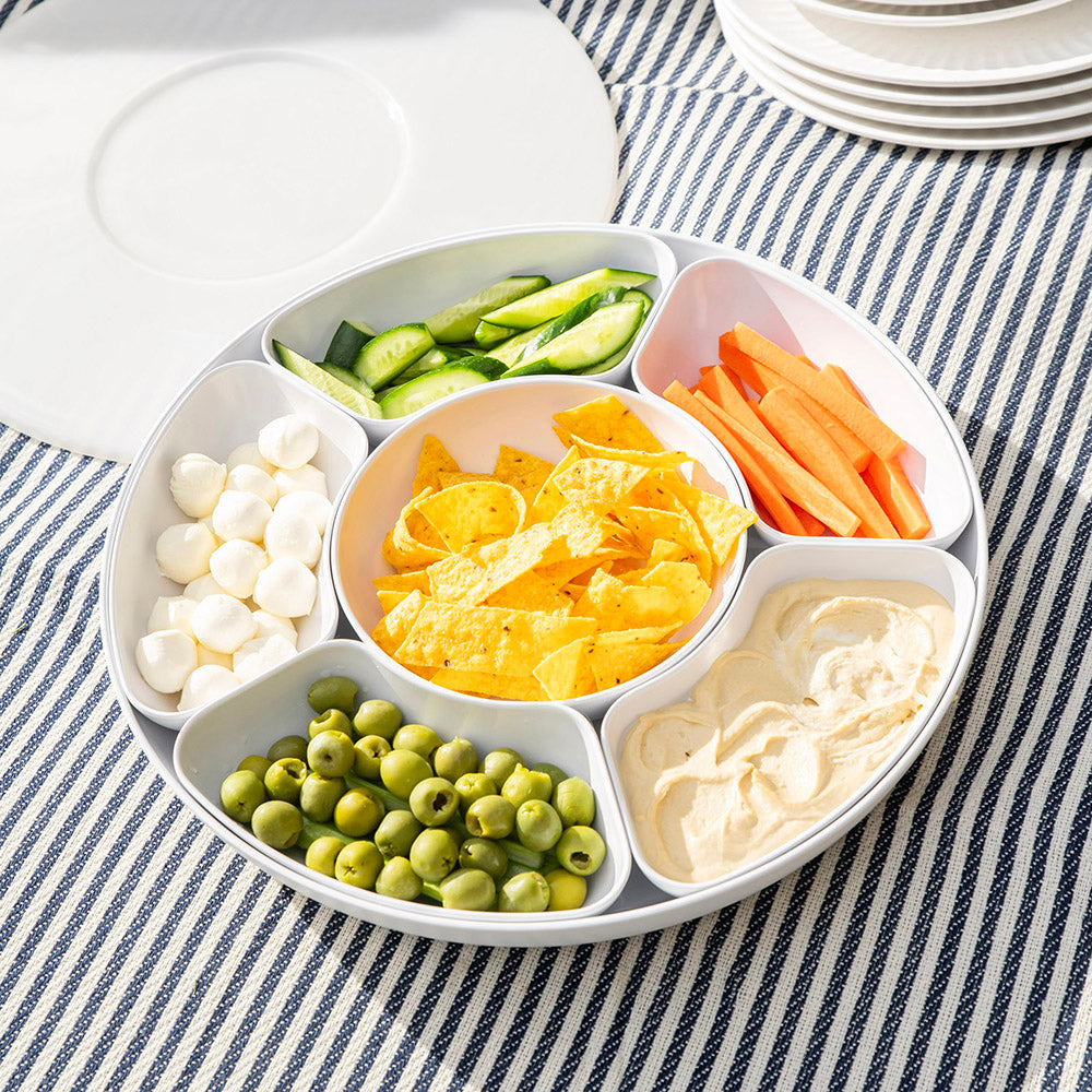 White 39cm Melamine Lazy Susan with Chip & Dip Bowls & Lid
