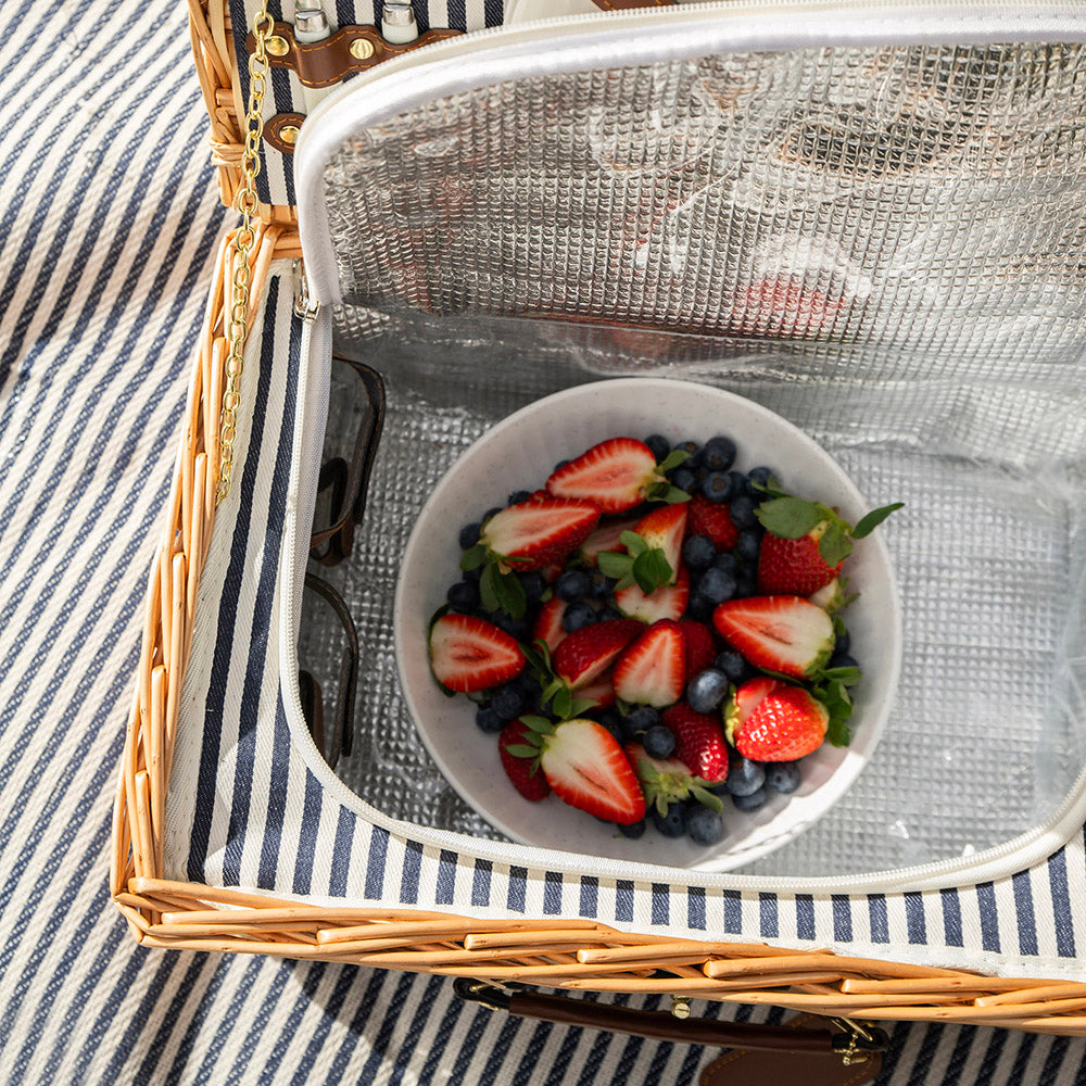Natural Wicker with Navy & Cream Stripes 4 Person Picnic Basket