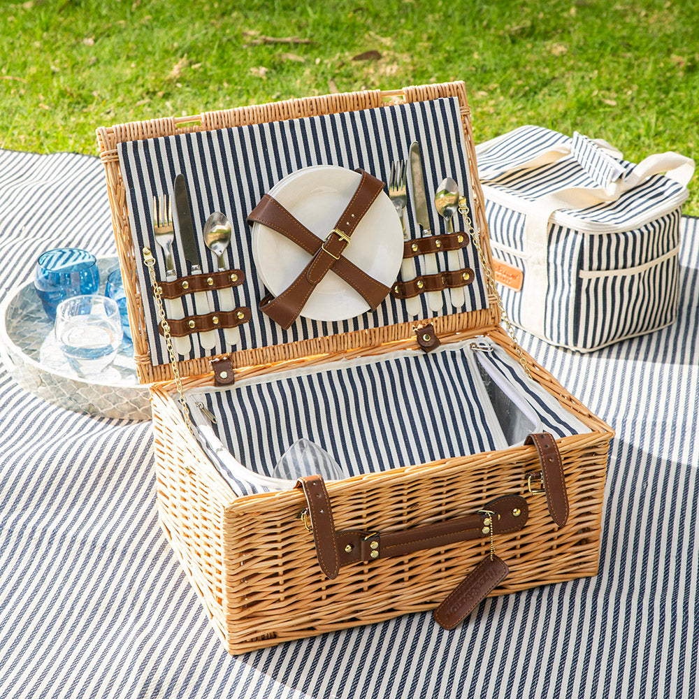 Natural Wicker with Navy & Cream Stripes 4 Person Picnic Basket