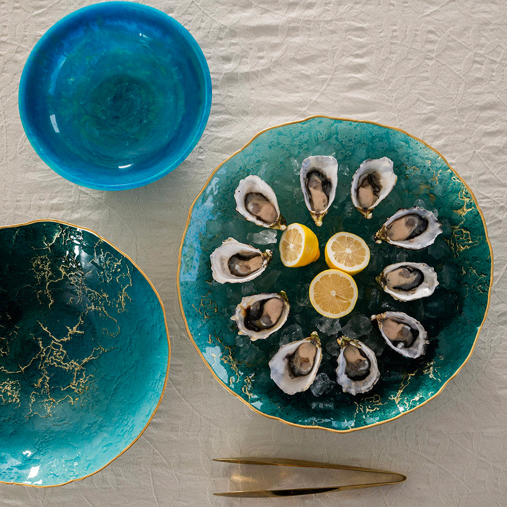 Glass Bowl Ocean Aqua & Gold 40cm