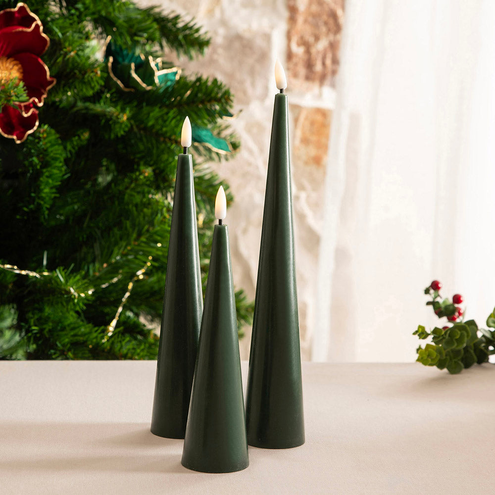 Forest Green Flameless LED Set/3 Small, Medium & Large Cone Candle