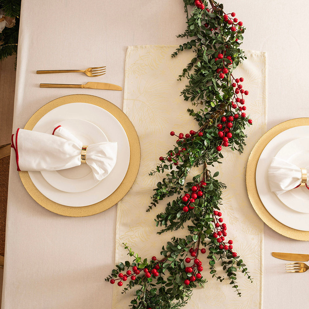 Ivory Gold Pinecone & Pine Branch Design 40x180cm Christmas Table Runner