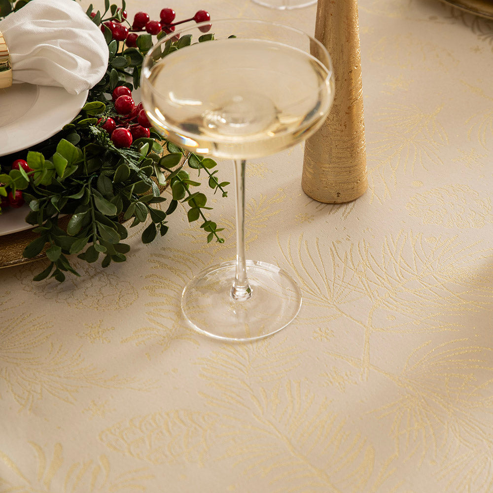 Ivory Gold Pinecone & Pine Branch Design 150x250cm Christmas Table Cloth