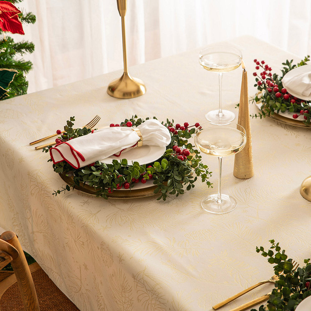 Ivory Gold Pinecone & Pine Branch Design 150x250cm Christmas Table Cloth