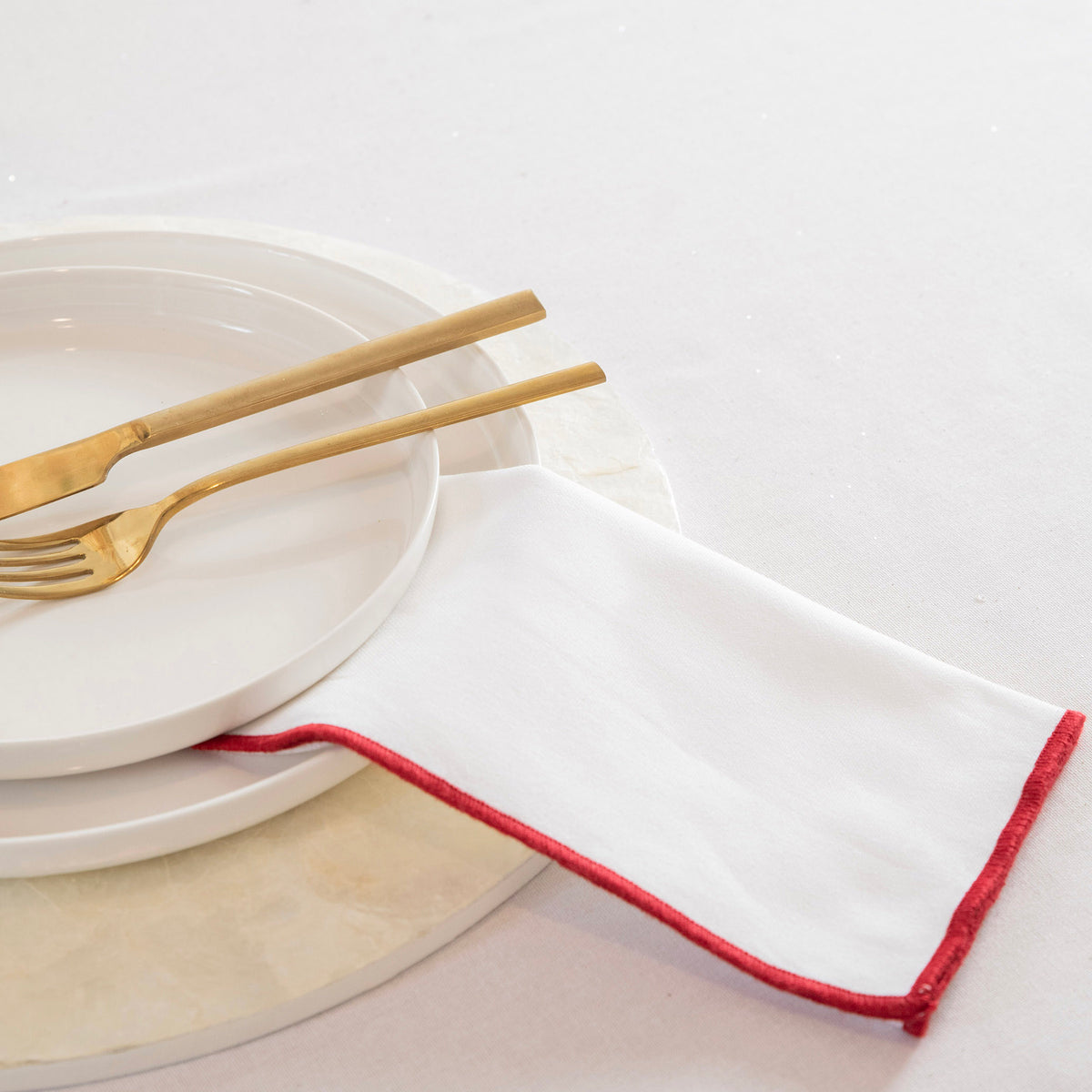 White with Red Edge Stitch 45cm Napkin