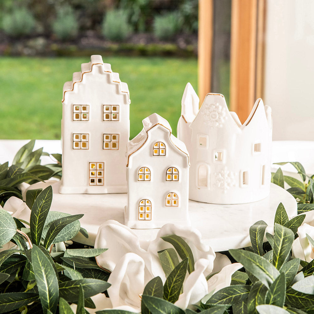 White 13x12cm Christmas House Pillar Candle Holder