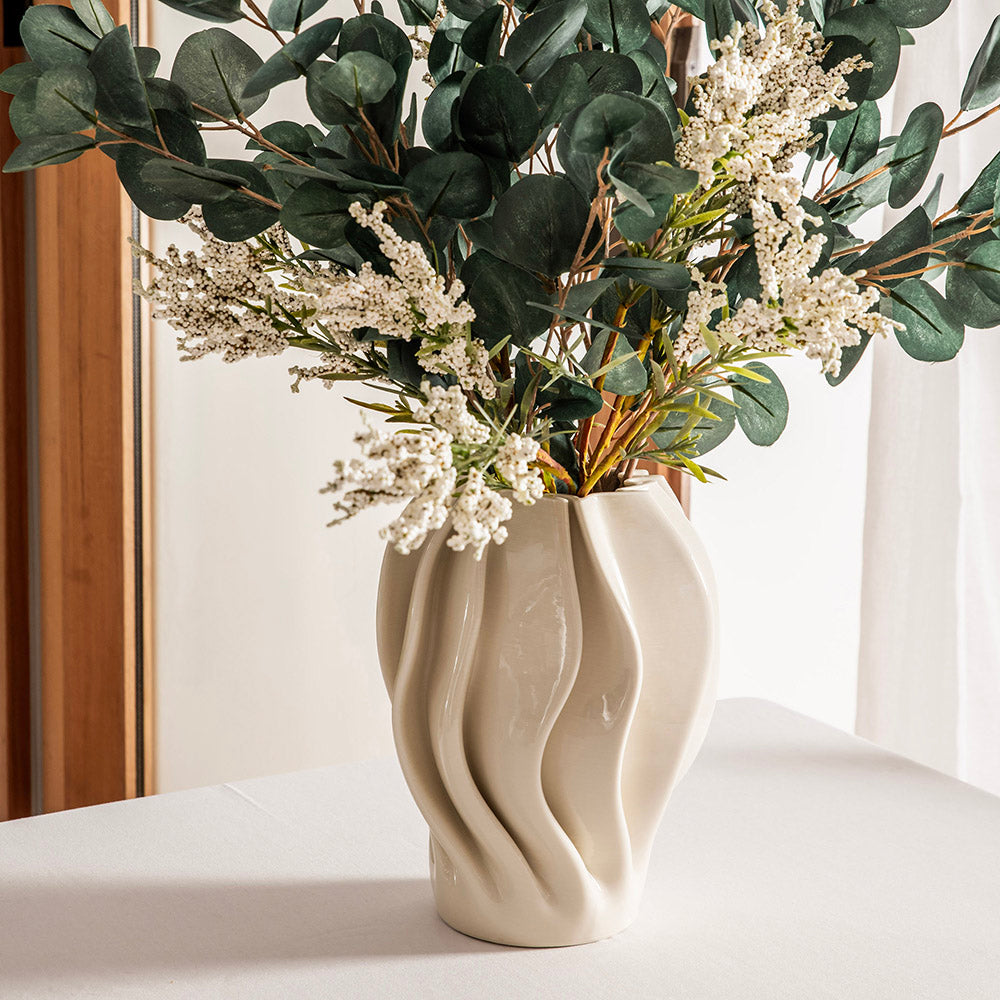 Ivory Wave-Shaped 31x24x24cm 3D Printed Ceramic Vase
