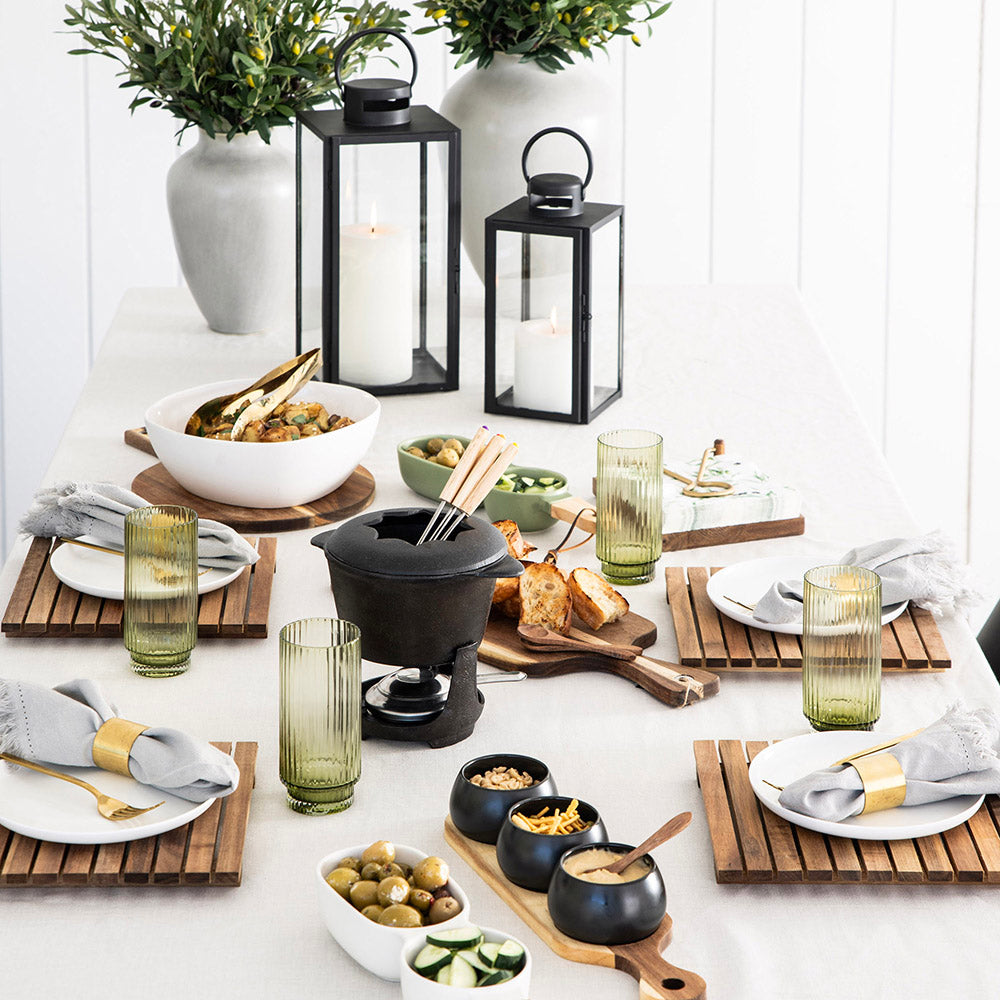 Acacia Wood Tray with 3 Black Bowls Tapas Set