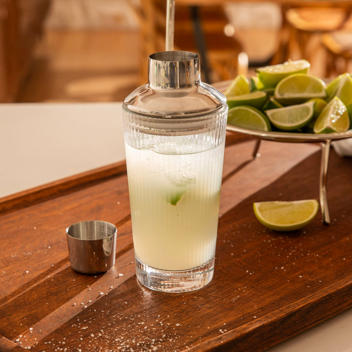 Boston Ribbed Glass 350mL Cocktail Shaker with Silver Finish Lid