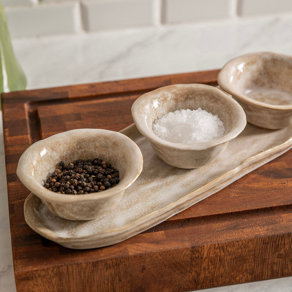 Provence Sand Stoneware Dip Bowls with Tray Set