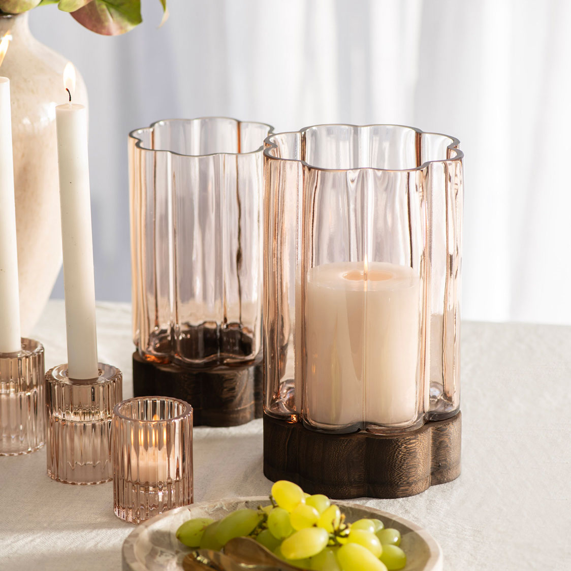 Flower Shaped Hurricane Small – Smoke Glass on Dark Wood Base