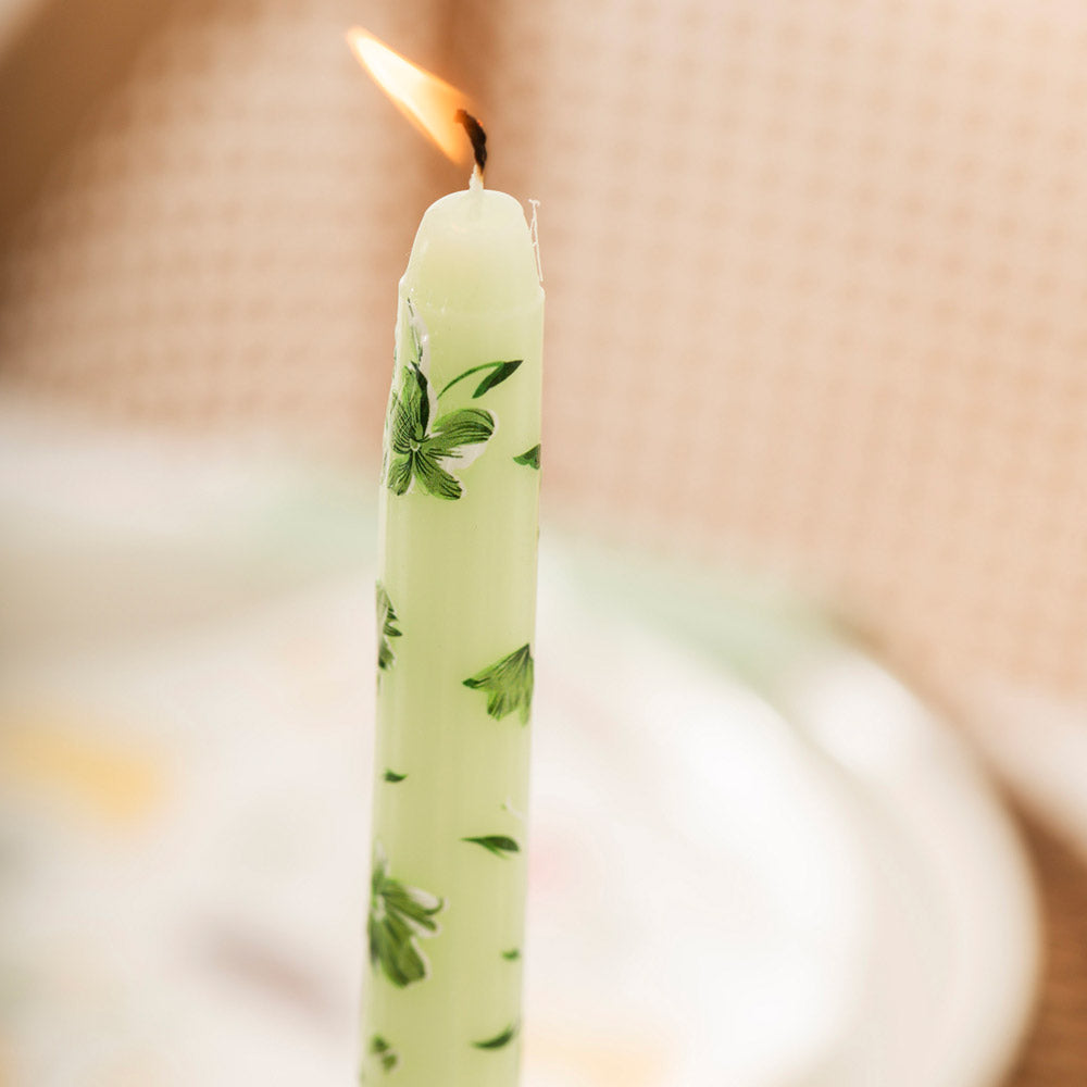 Green Painted Flowers 2 pc Taper Candles