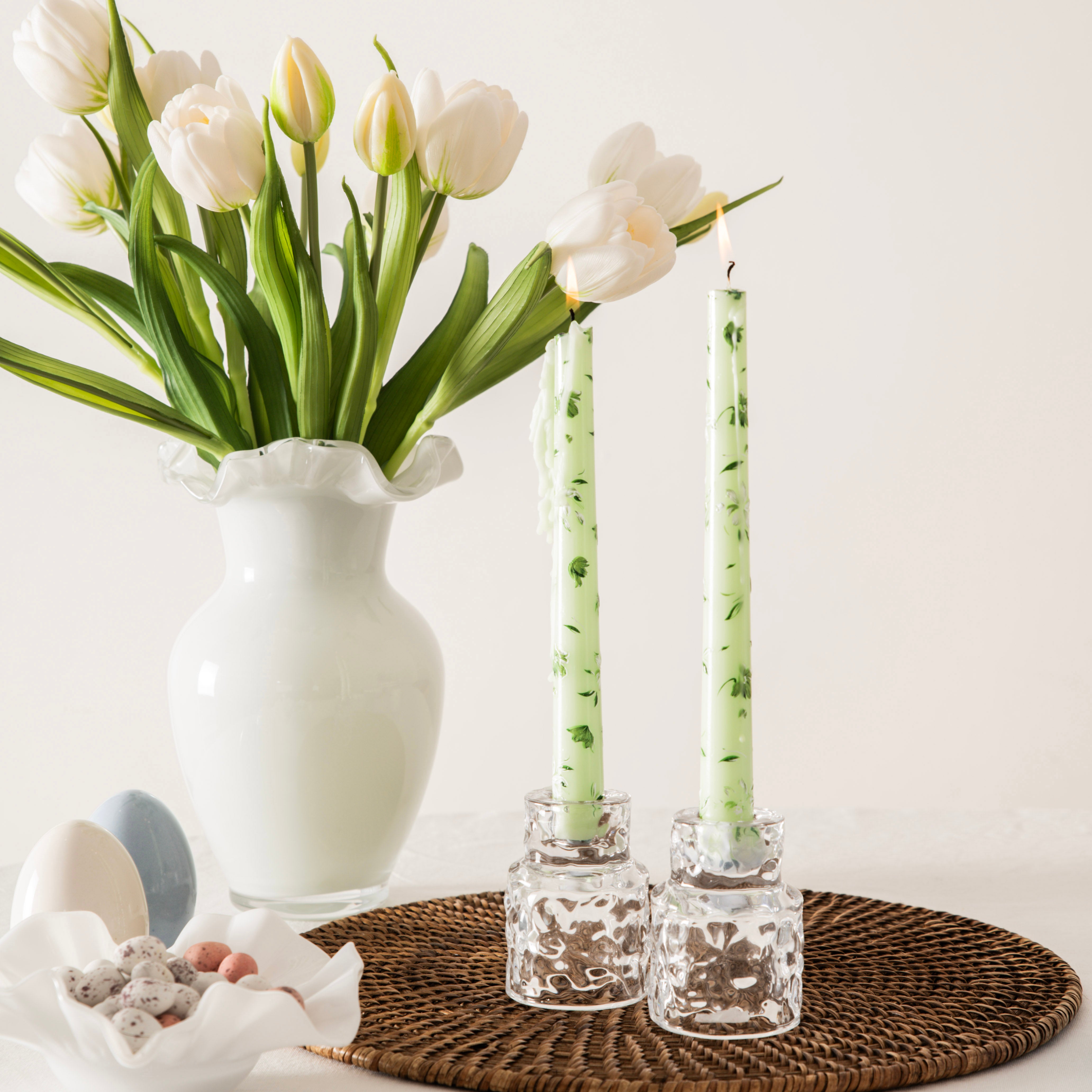 Green Painted Flowers 2 pc Taper Candles