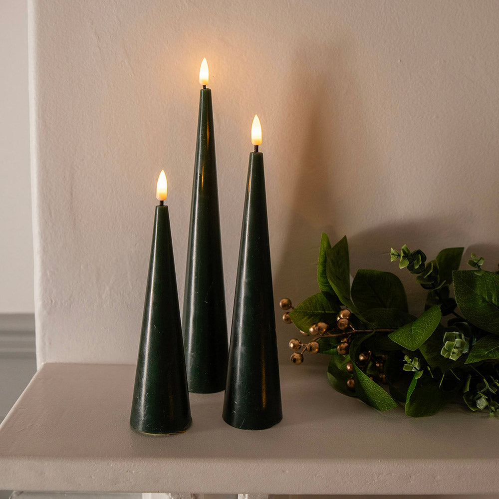 Forest Green Flameless LED Set/3 Small, Medium & Large Cone Candle