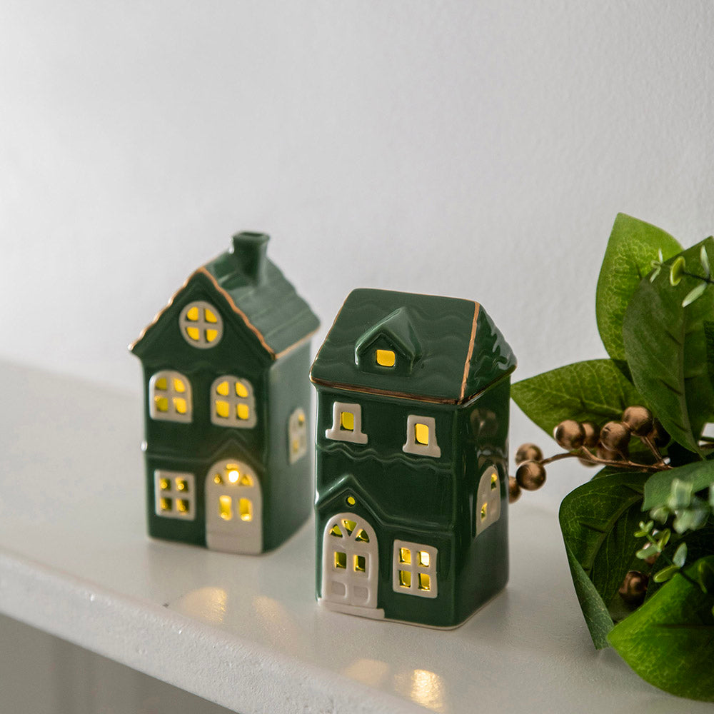 Green & White 12x7cm House with LED Christmas Ornament