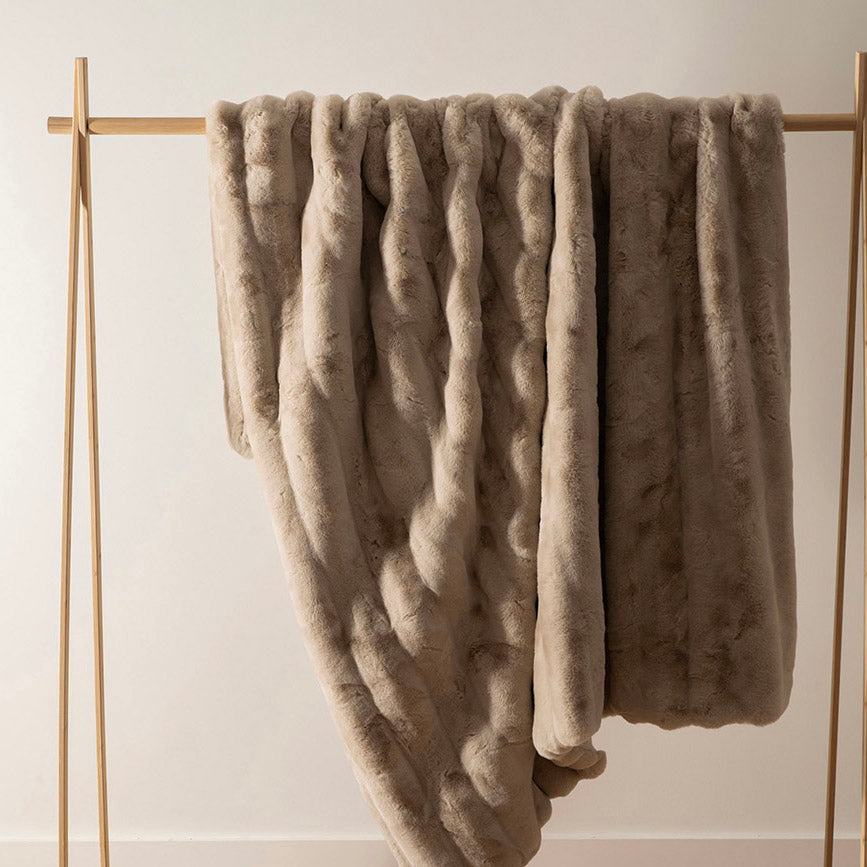 Oatmeal Striped 180x220cm Faux Rabbit Fur Throw
