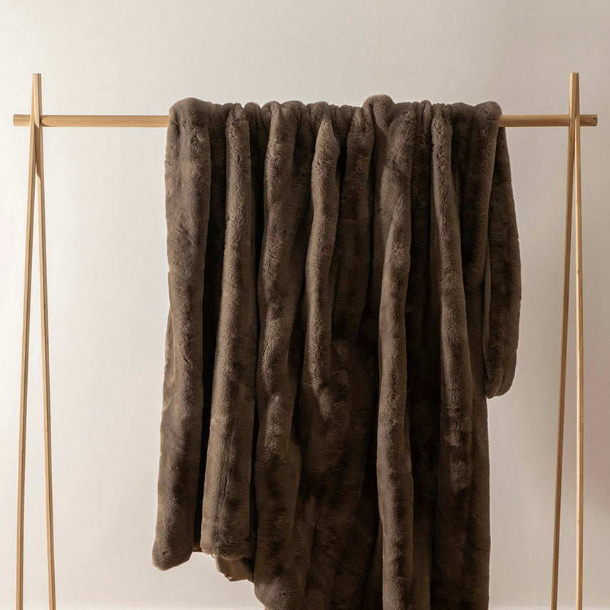 Mocha Brown Striped 180x220cm Faux Rabbit Fur Throw