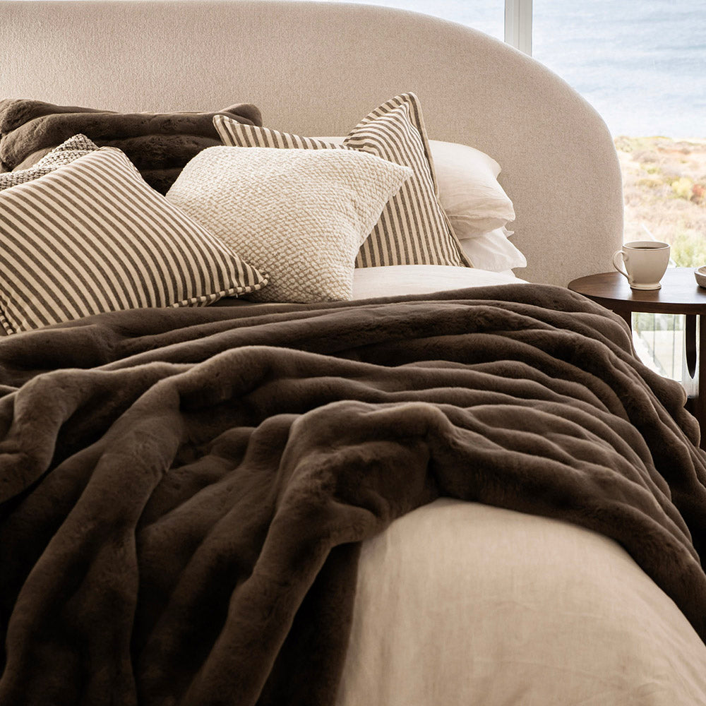 Mocha Brown Striped 180x220cm Faux Rabbit Fur Throw
