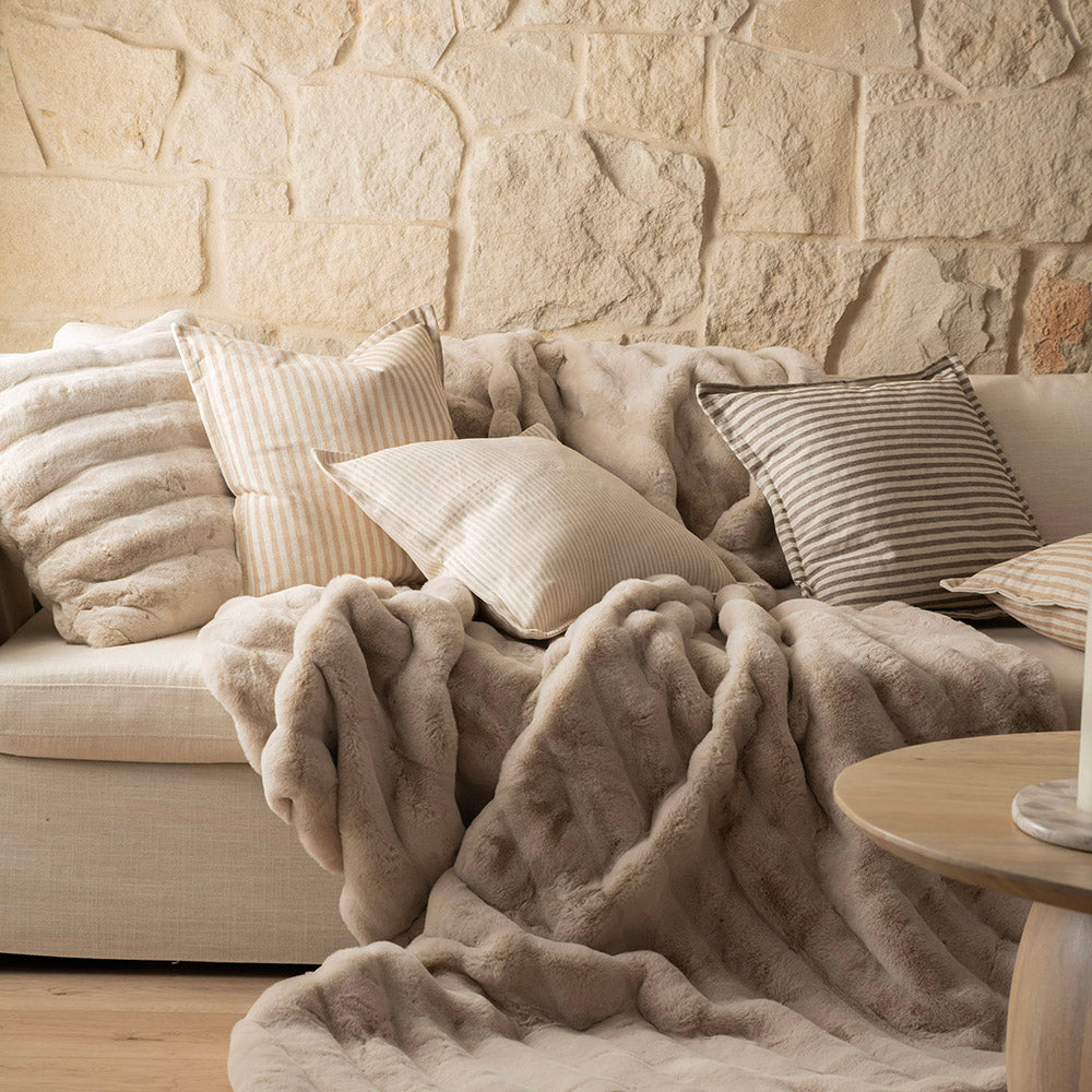 Oatmeal Striped Square 60x60cm Faux Rabbit Fur Cushion