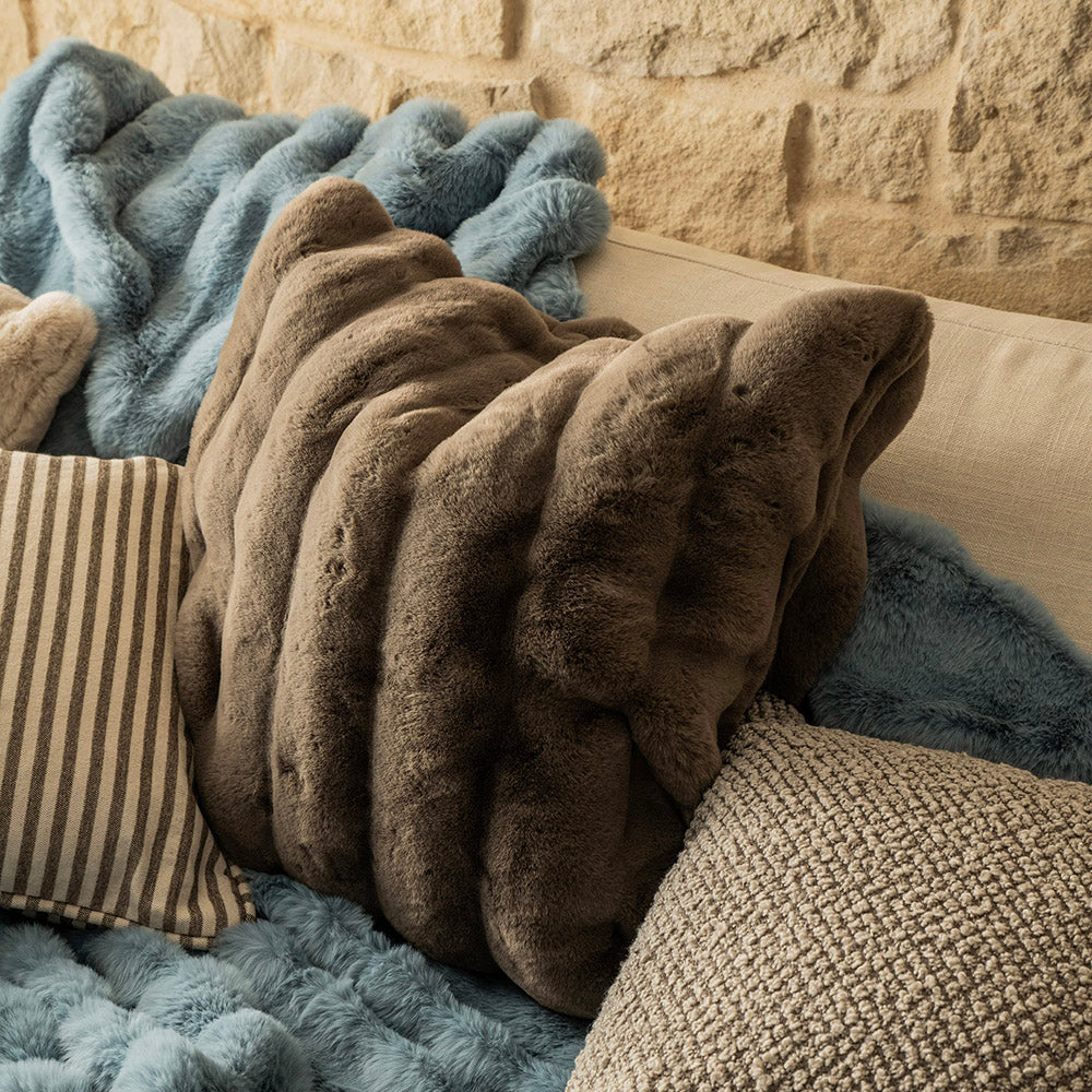 Mocha Brown Striped Square 60x60cm Faux Rabbit Fur Cushion