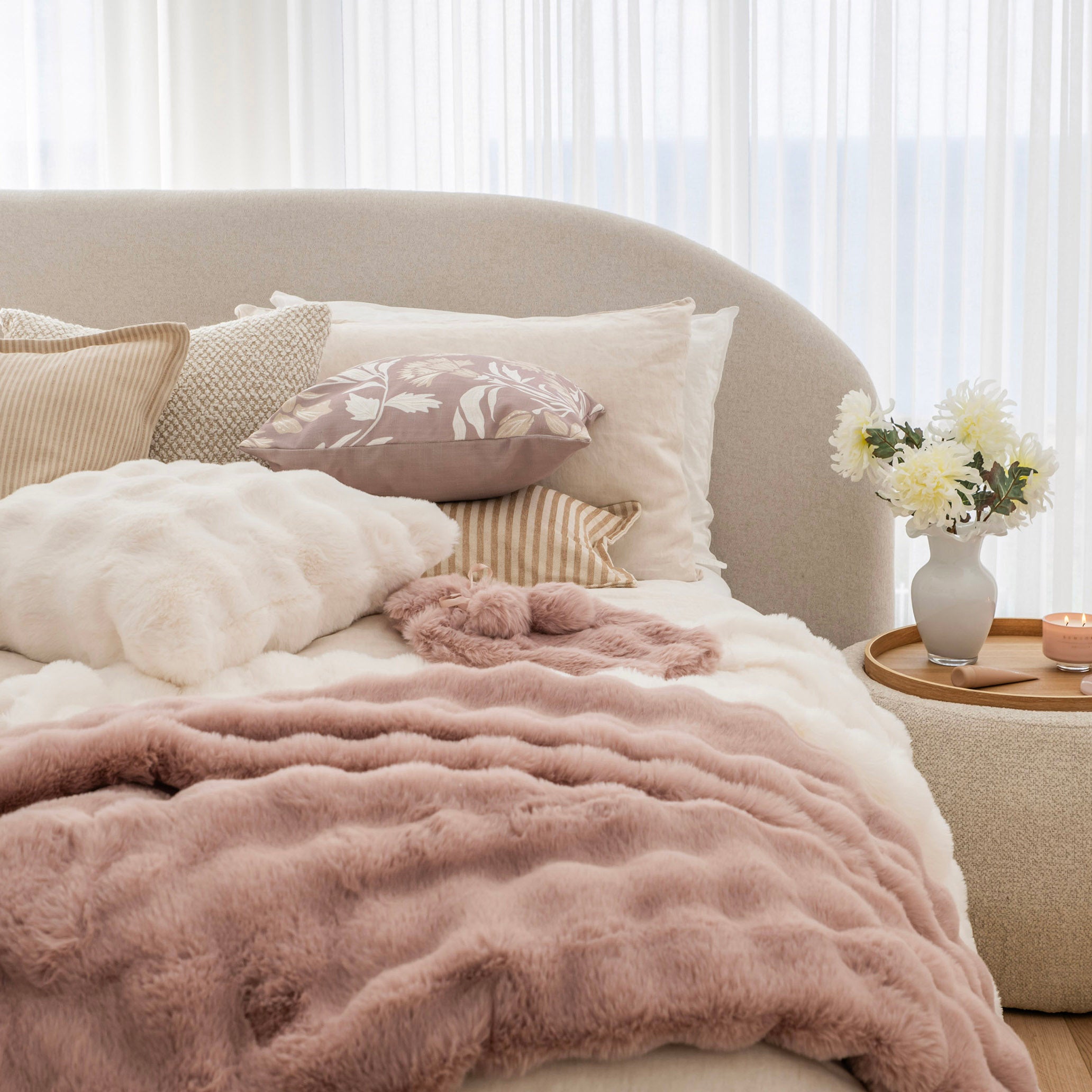Nude Cream & Mauve Floral Print Square 50cm Cushion