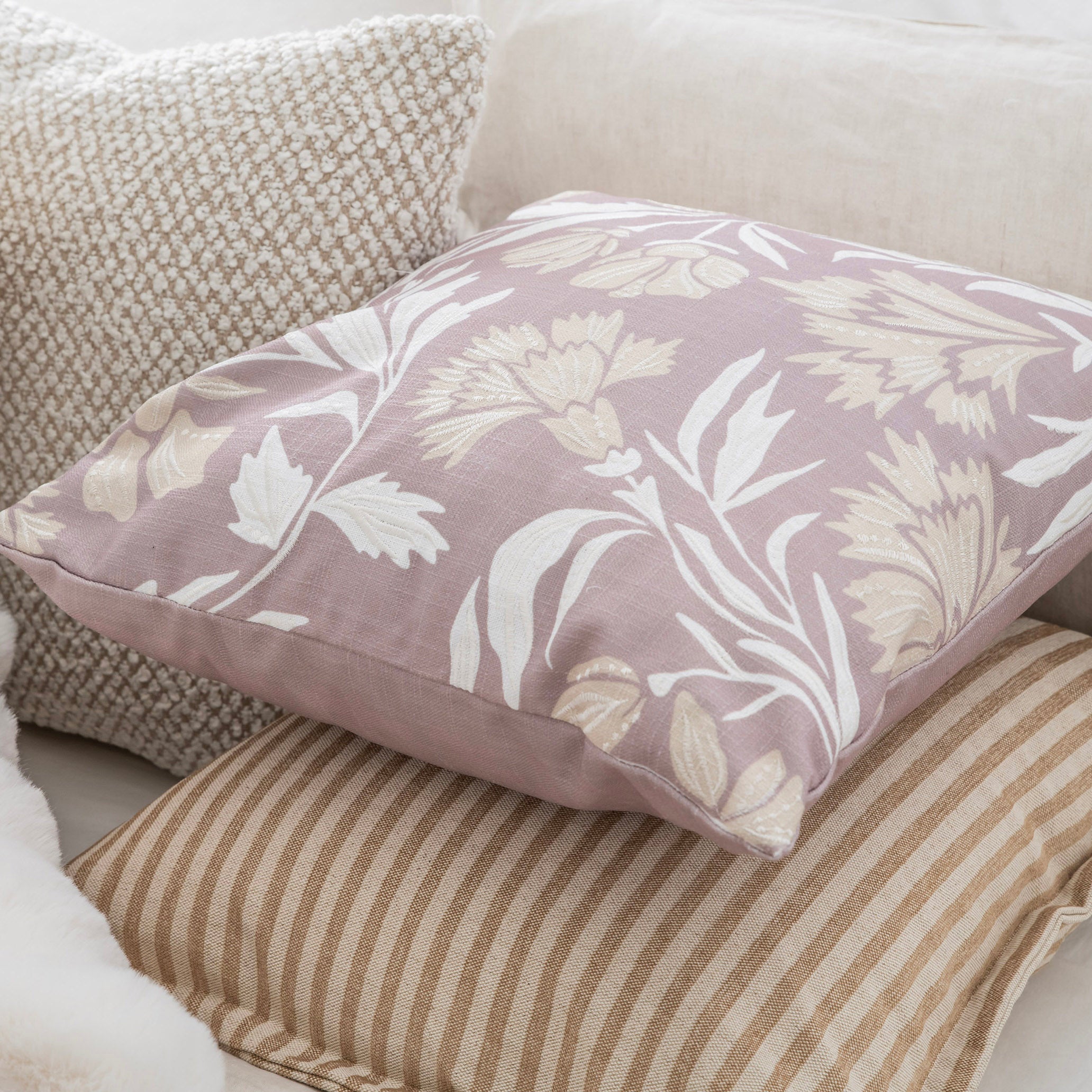 Nude Cream & Mauve Floral Print Square 50cm Cushion